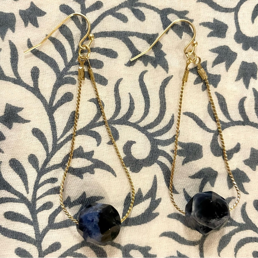 Gold-tone chain earrings with blue stone